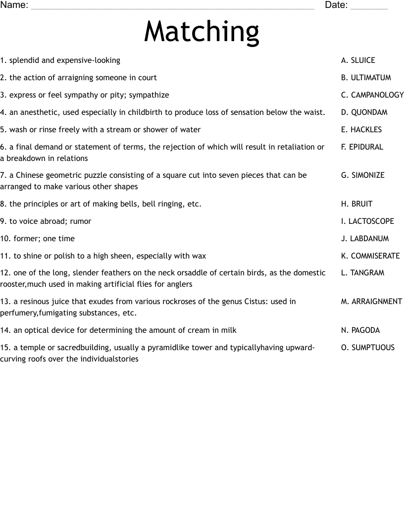 Matching Worksheet