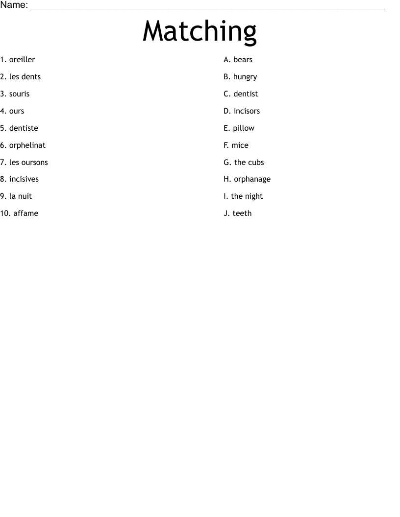 Matching Worksheet