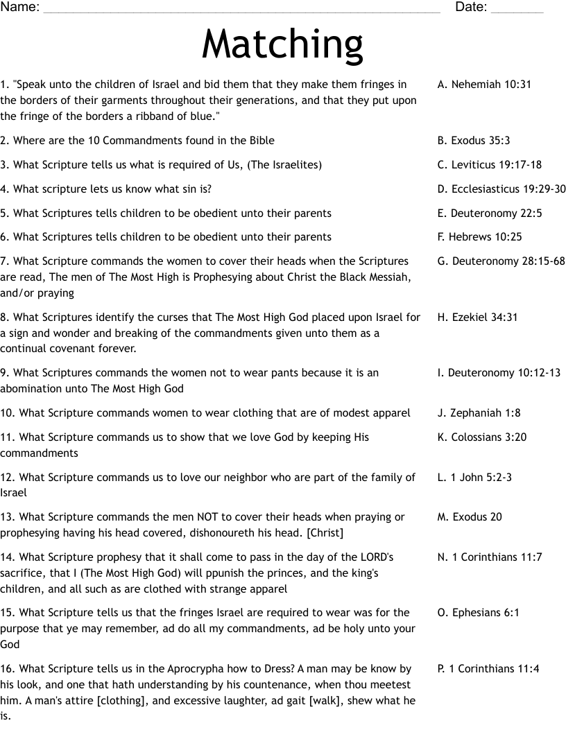 Matching Worksheet