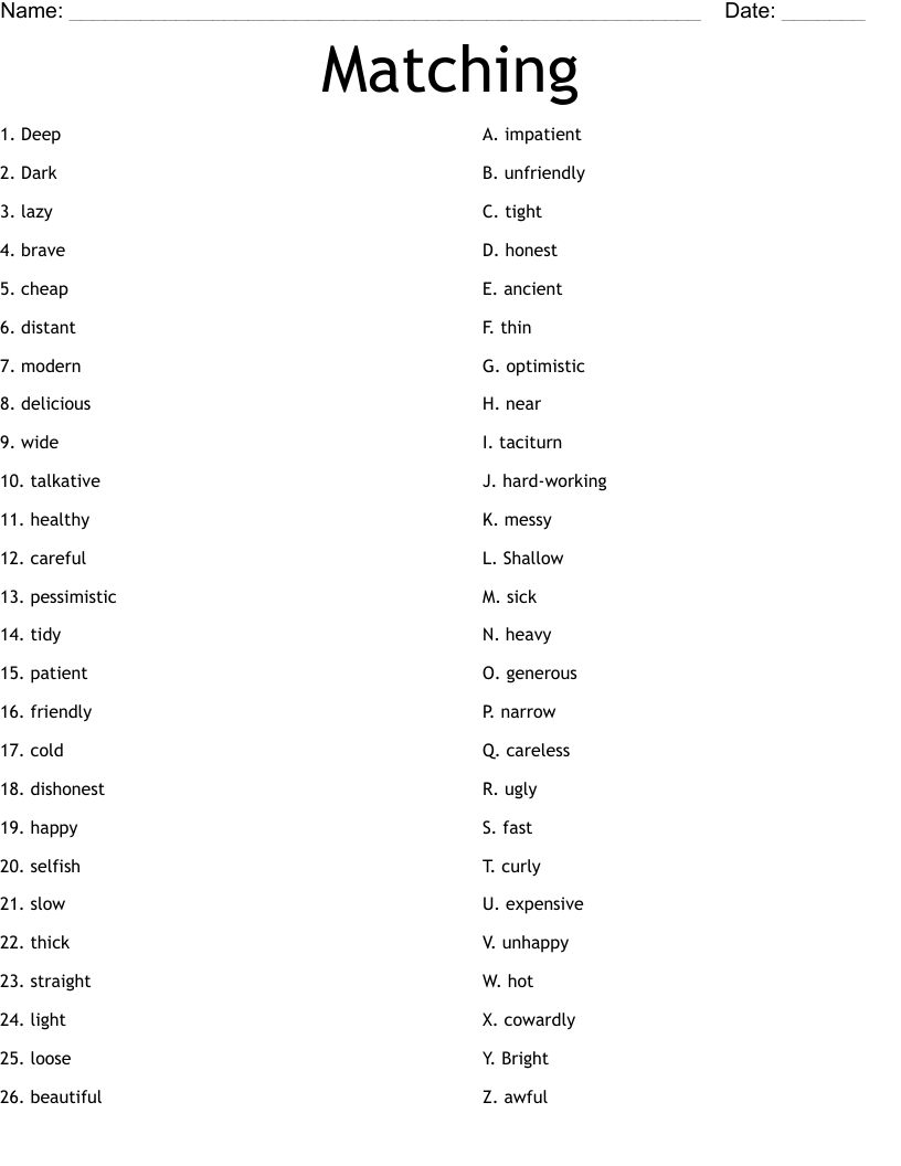Matching Worksheet