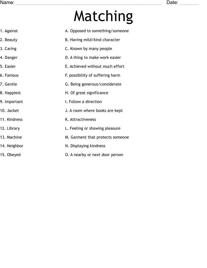 Matching Worksheet