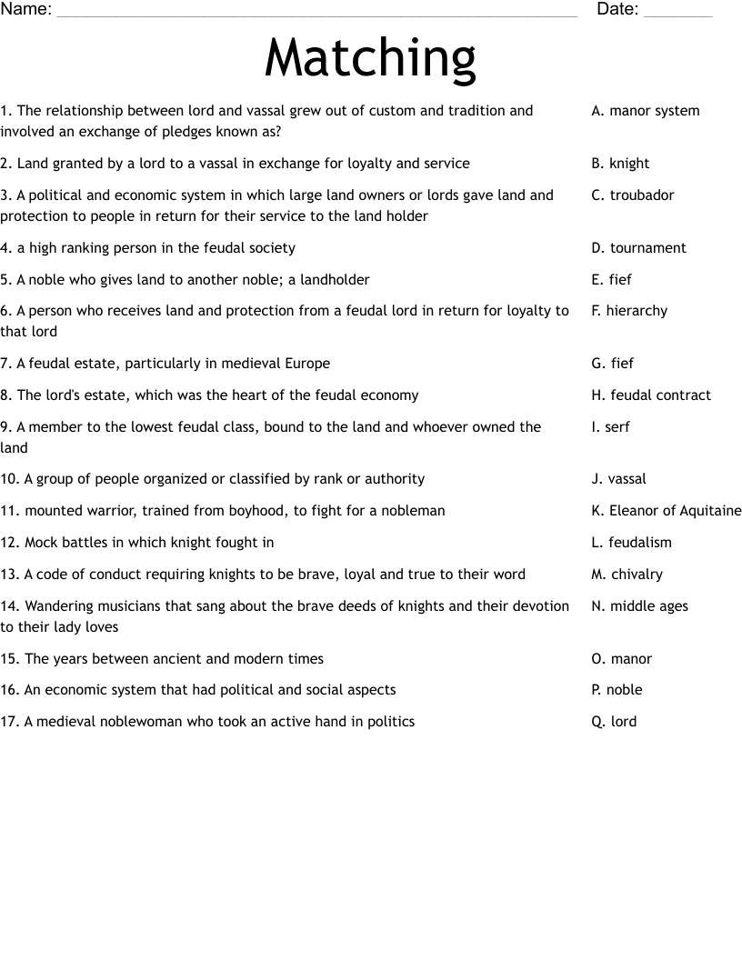 Matching Worksheet