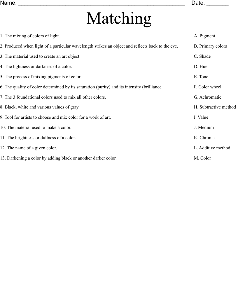 Matching Worksheet
