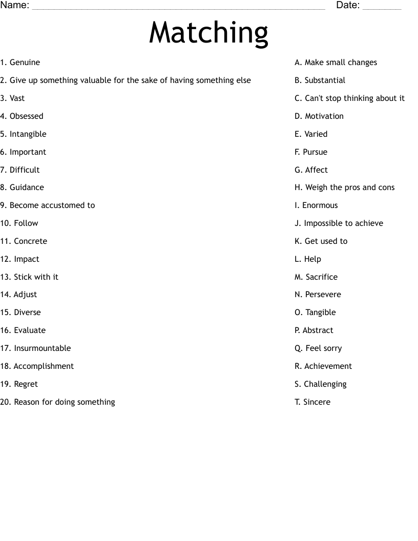 Matching Worksheet