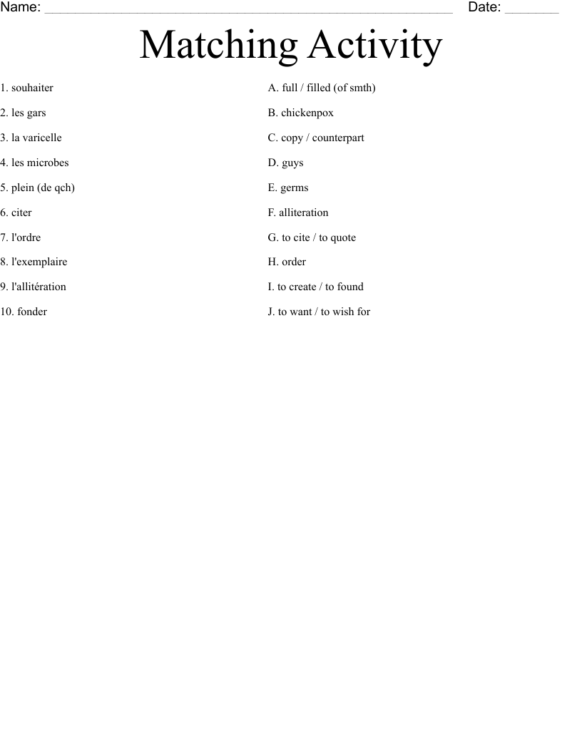 Matching Activity Worksheet