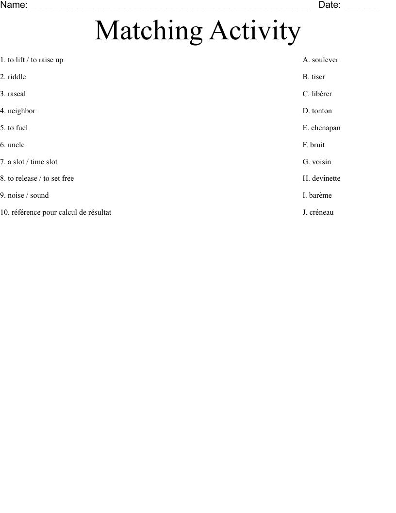 Matching Activity Worksheet