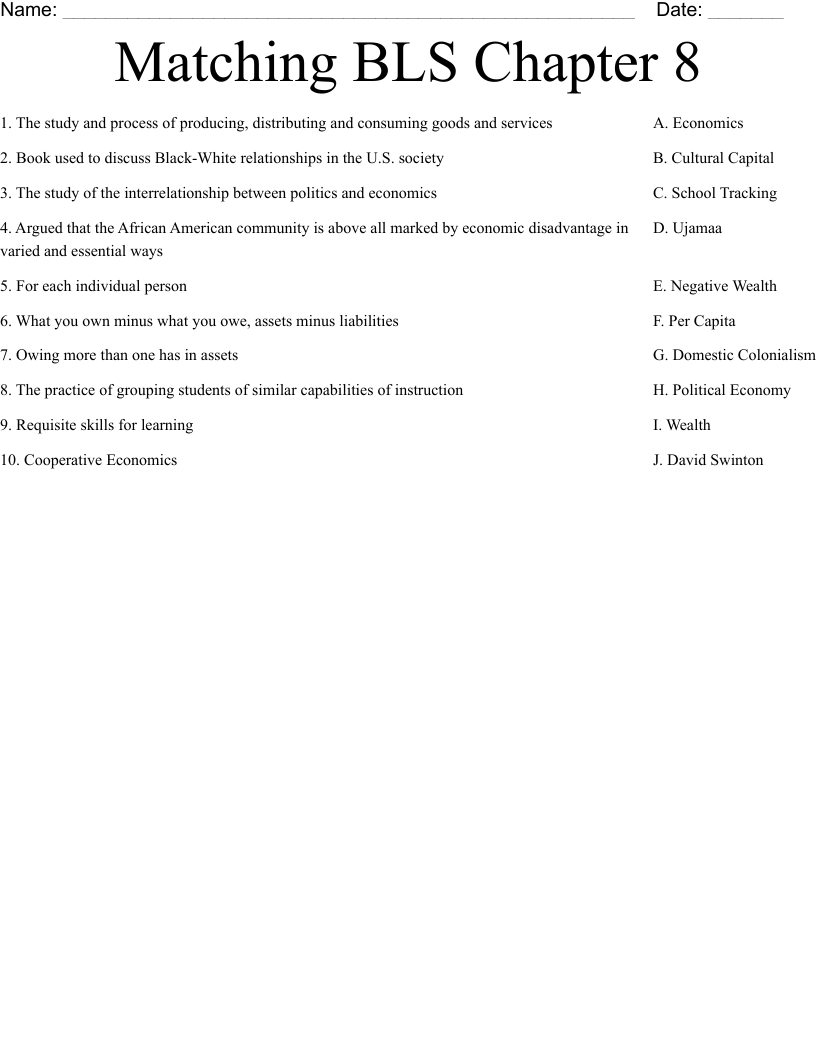 Matching BLS Chapter 8 Worksheet