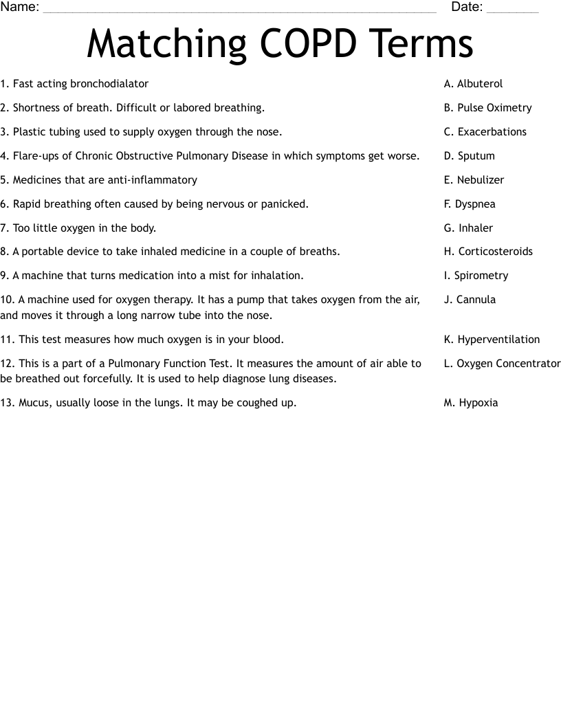 Matching COPD Terms Worksheet
