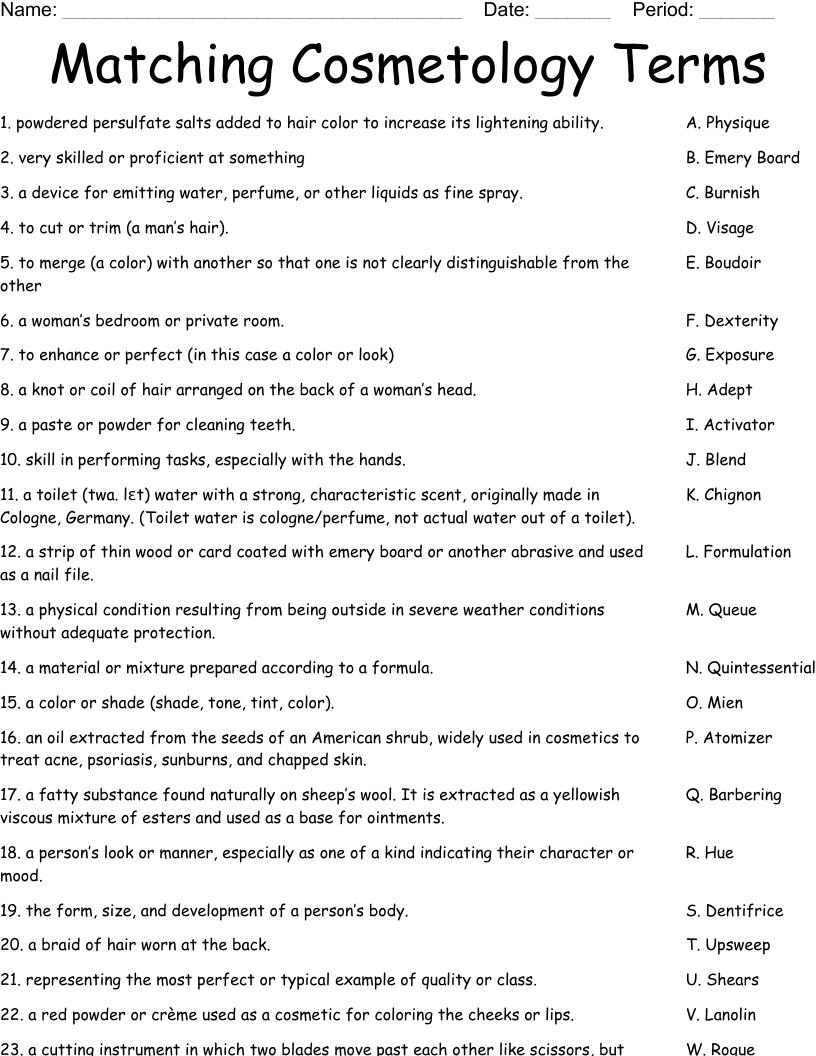 Matching Cosmetology Terms  Worksheet