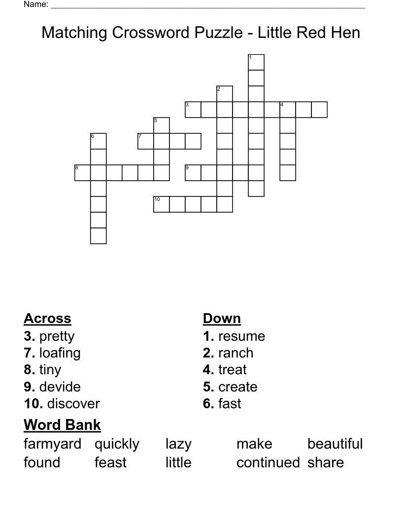 Matching Crossword Puzzle - Little Red Hen