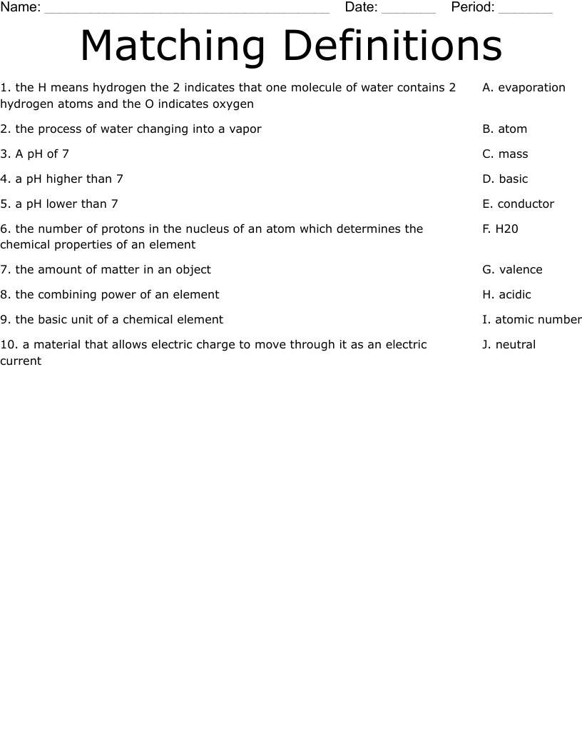 Matching Definitions Worksheet