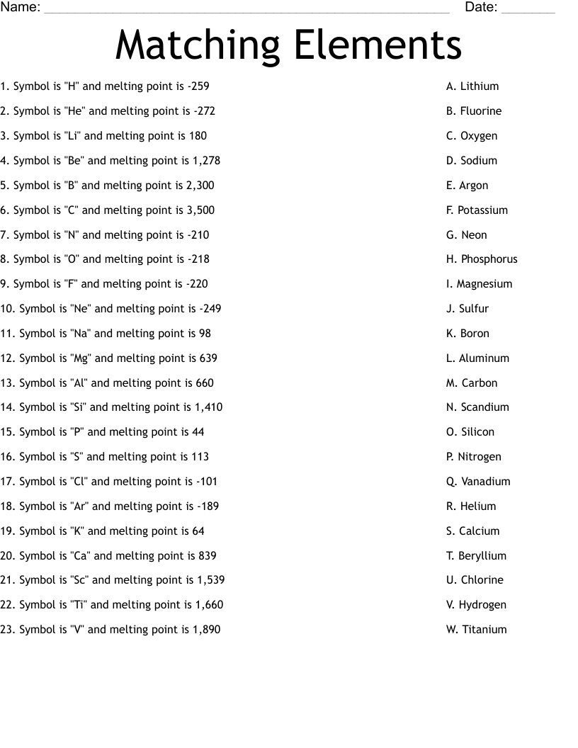 Matching Elements Worksheet