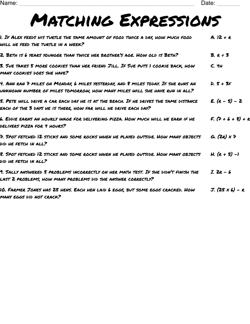 Matching Expressions Worksheet
