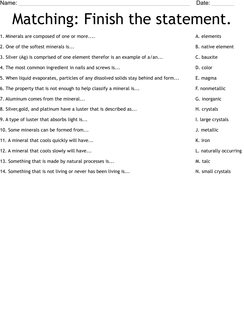 Matching: Finish the statement. Worksheet
