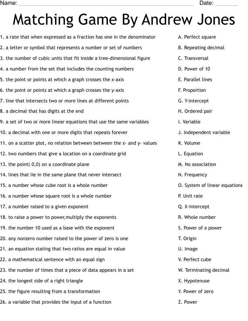 Matching Game By Andrew Jones Worksheet