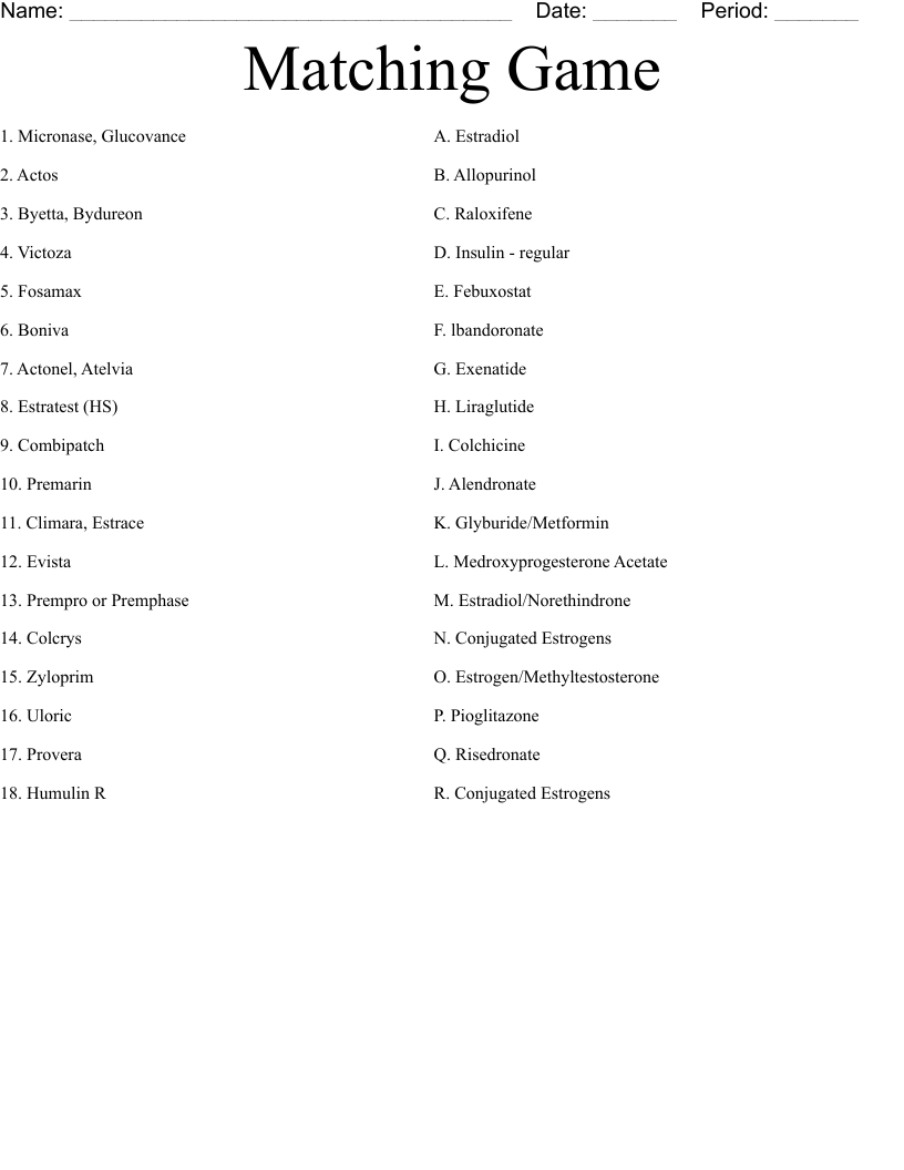 Matching Game  Worksheet