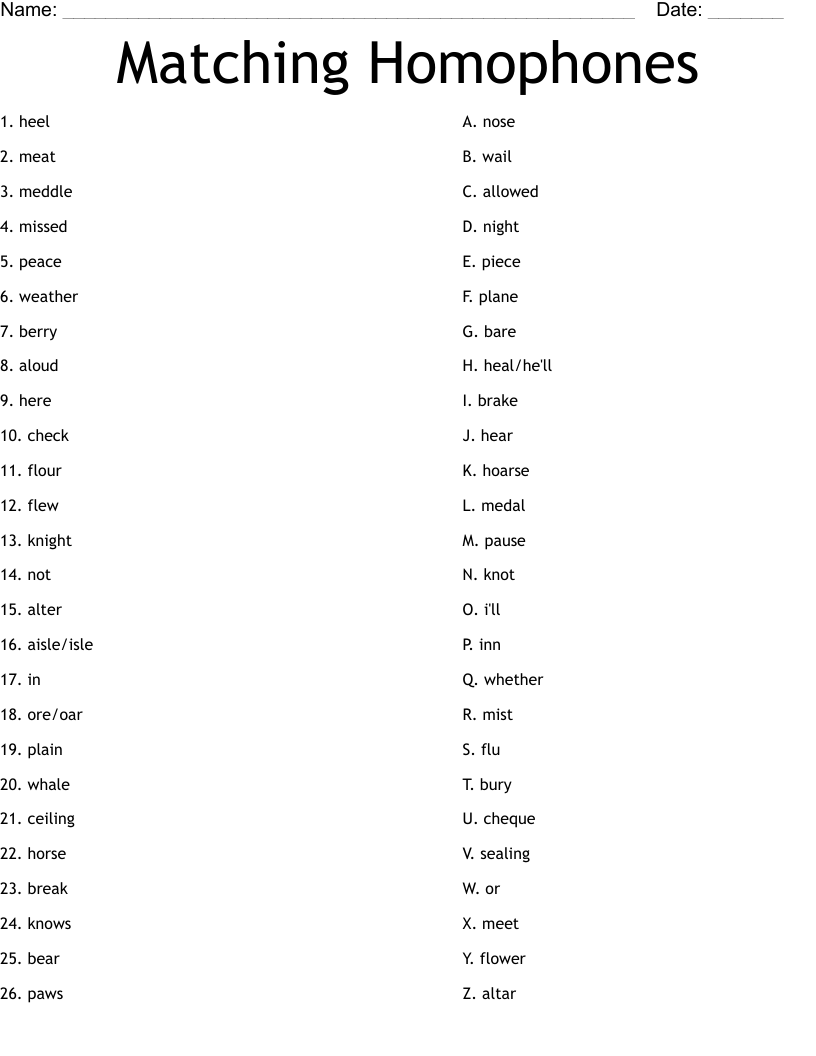 Matching Homophones Worksheet