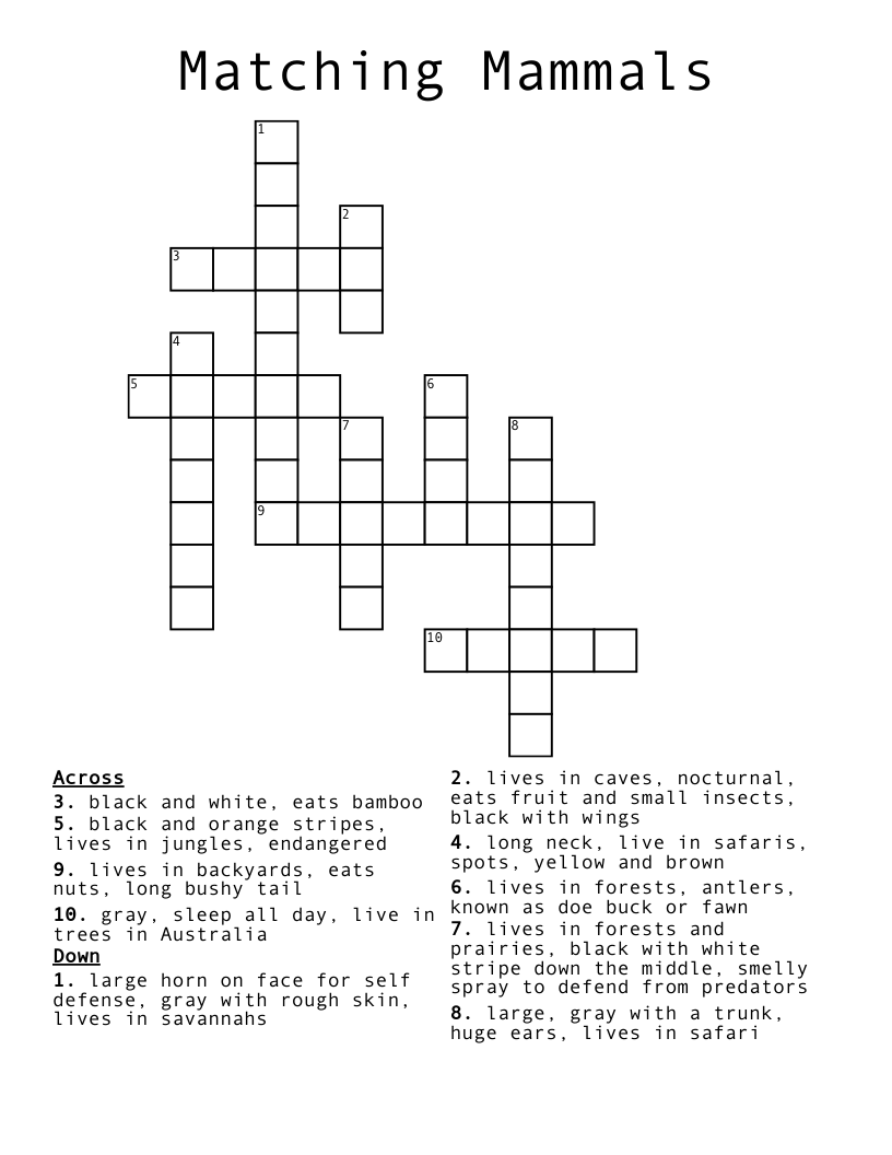 Matching Mammals Crossword