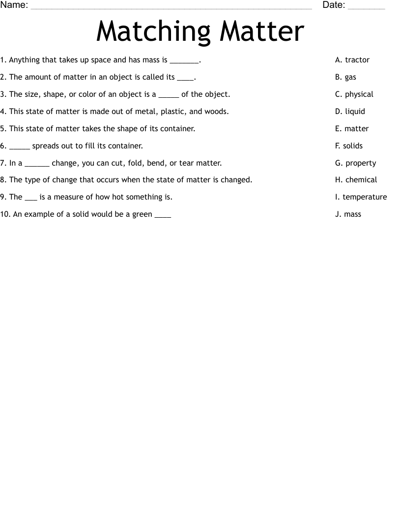 Matching Matter Worksheet