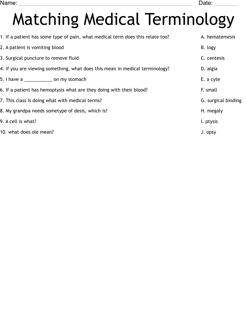 Matching Medical Terminology Worksheet