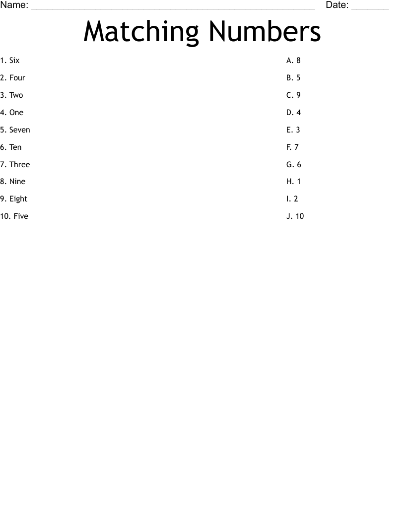 Matching Numbers Worksheet