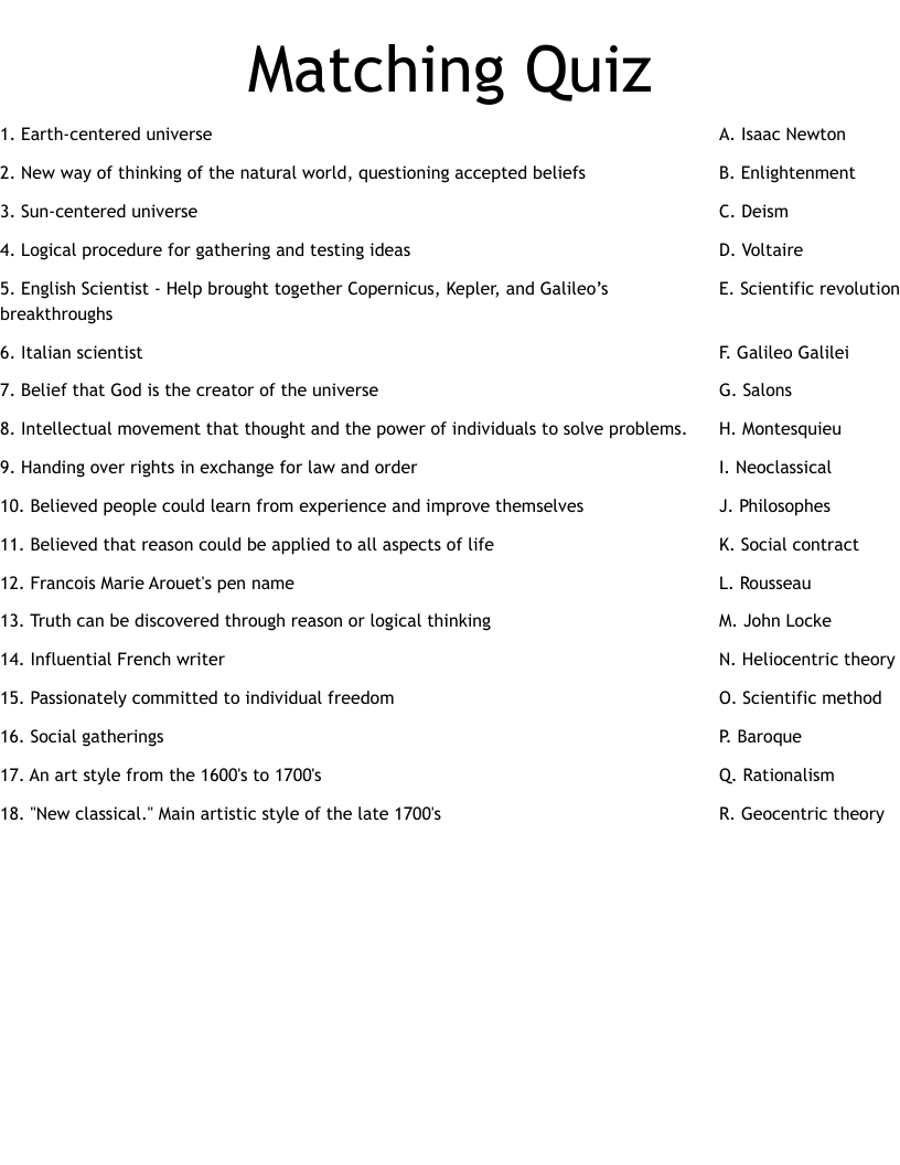Matching Quiz Worksheet