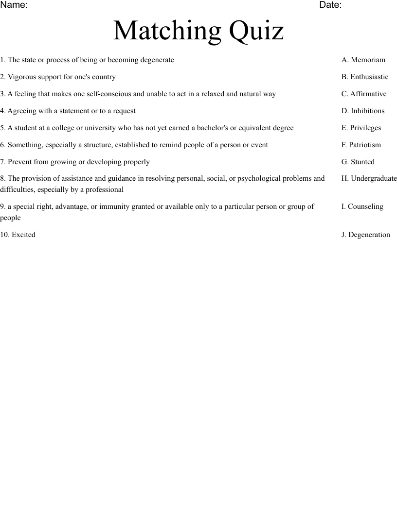 Matching Quiz Worksheet