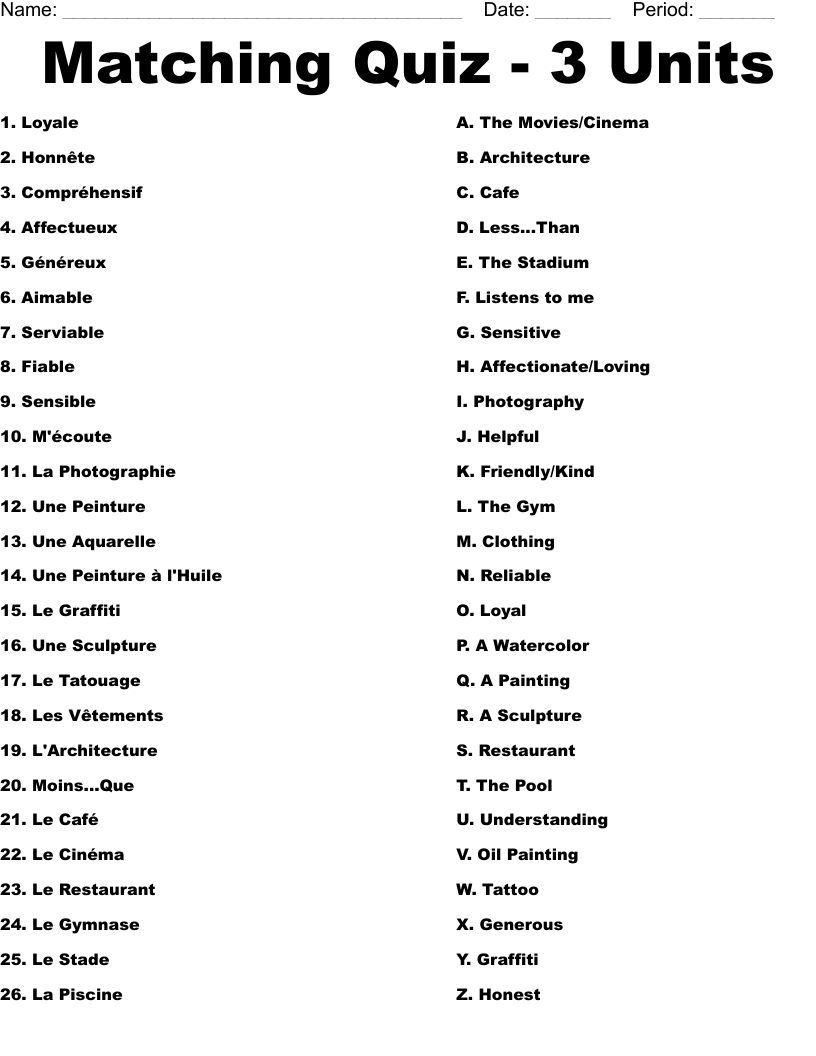 Matching Quiz - 3 Units Worksheet