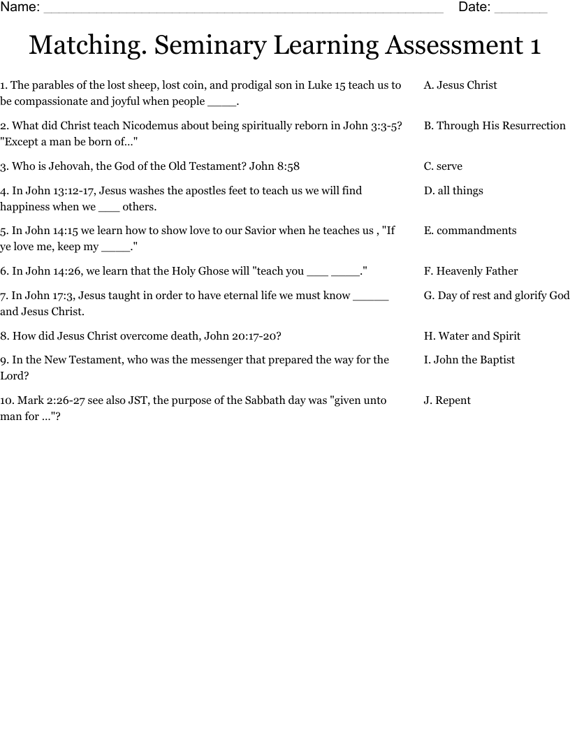Matching. Seminary Learning Assessment 1 Worksheet