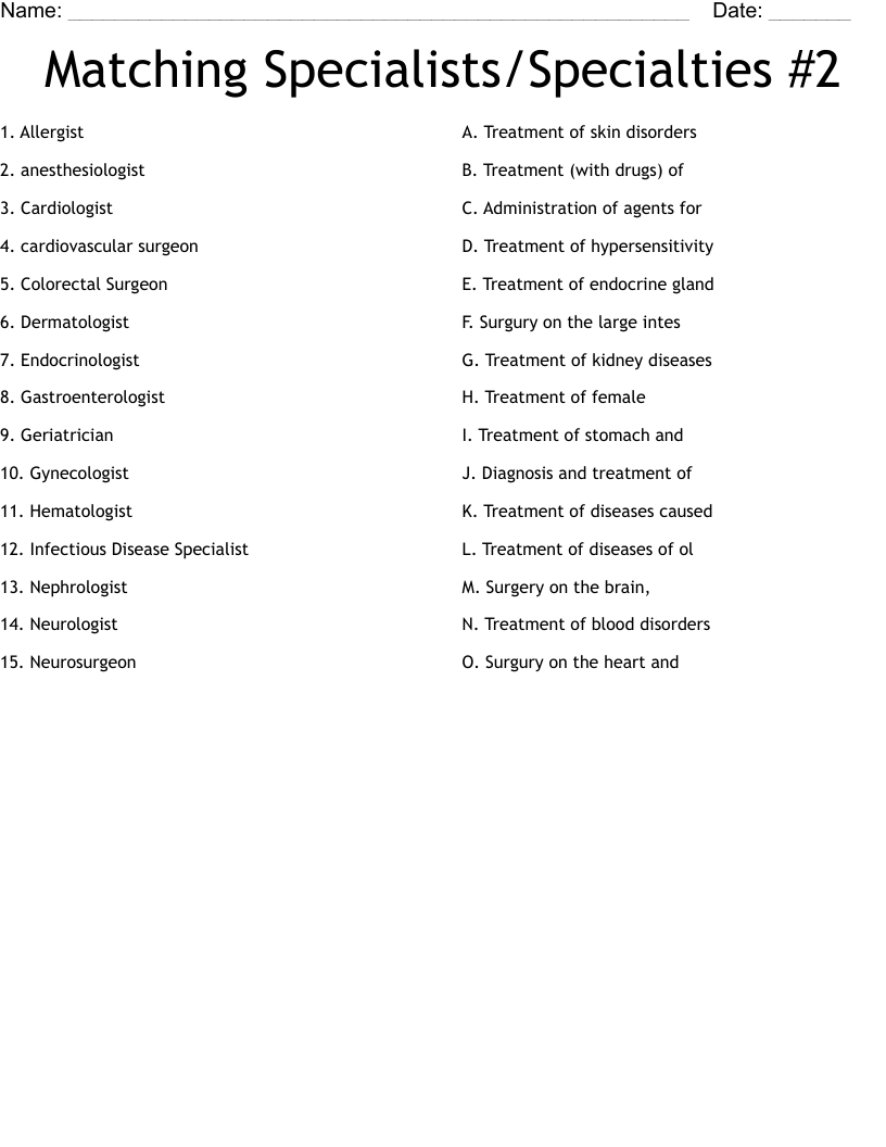 Matching Specialists/Specialties #2 Worksheet