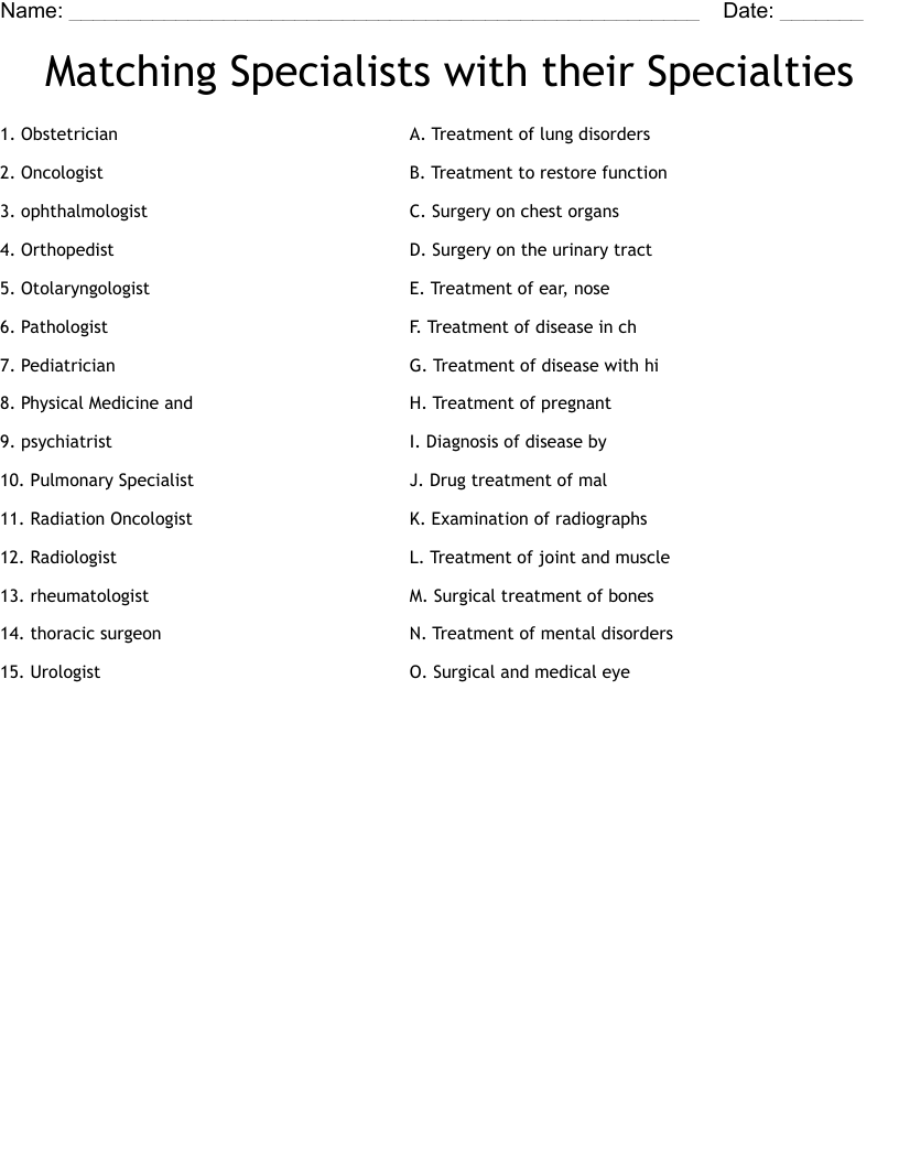 Matching Specialists with their Specialties Worksheet