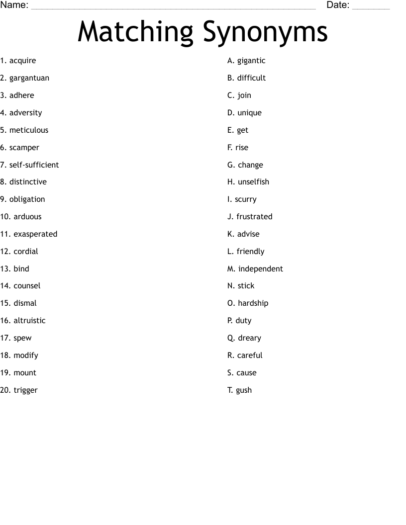 Matching Synonyms  Worksheet