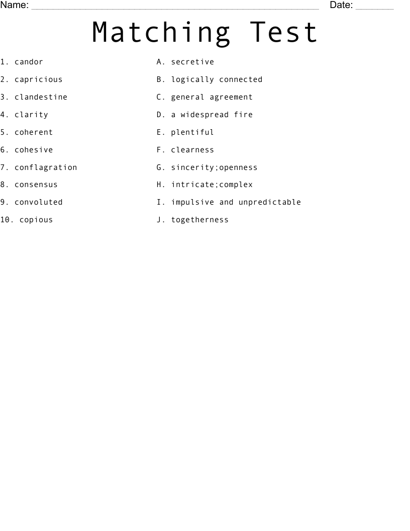 Matching Test Worksheet