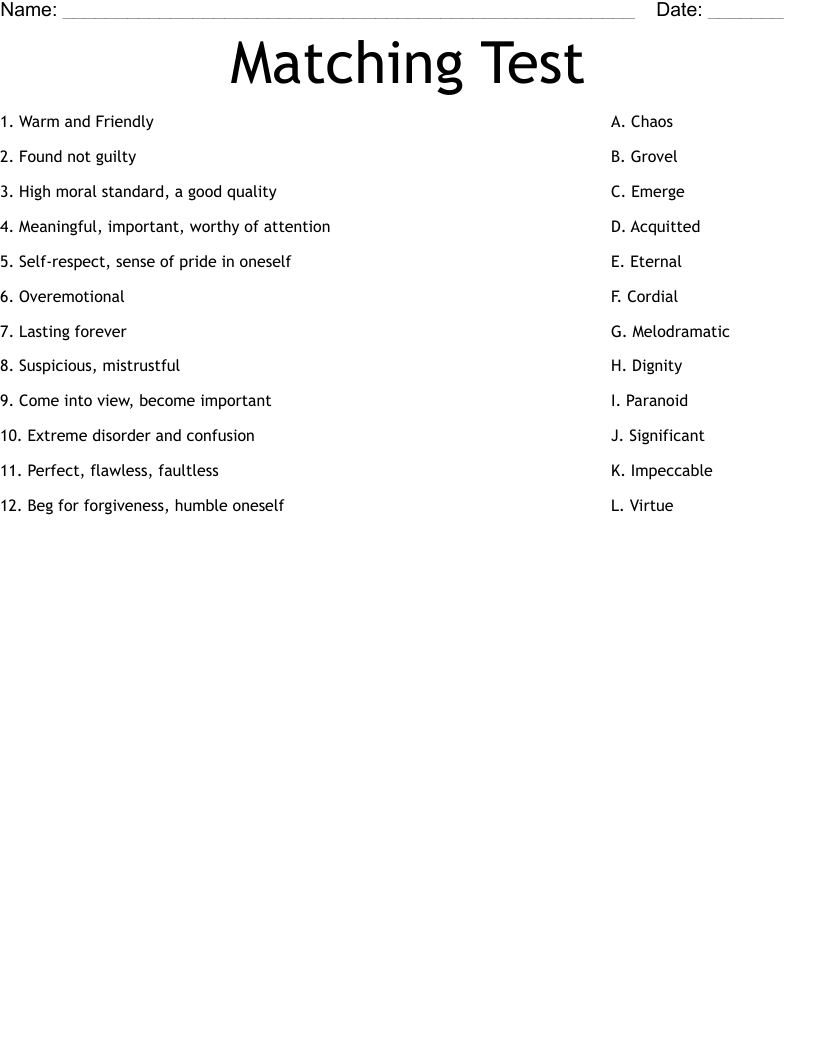 Matching Test Worksheet