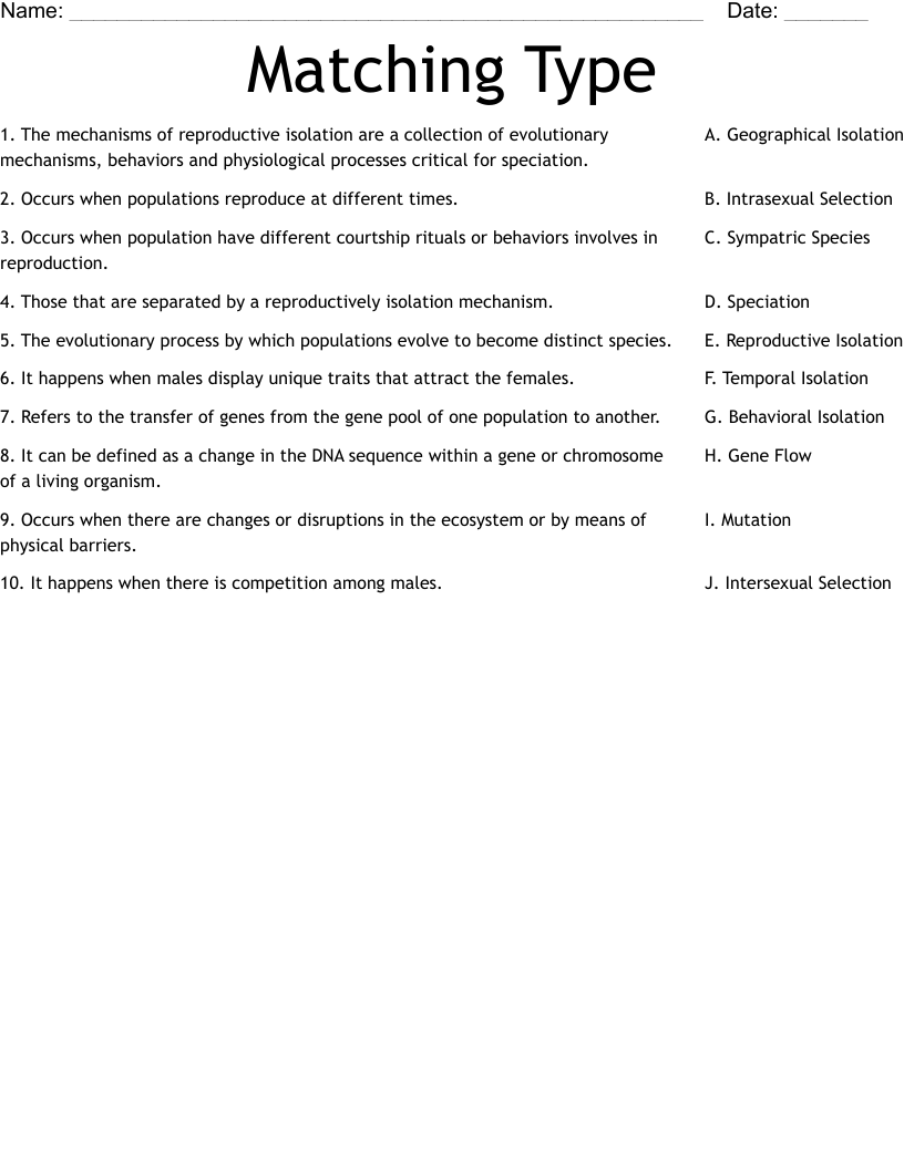 Matching Type Worksheet