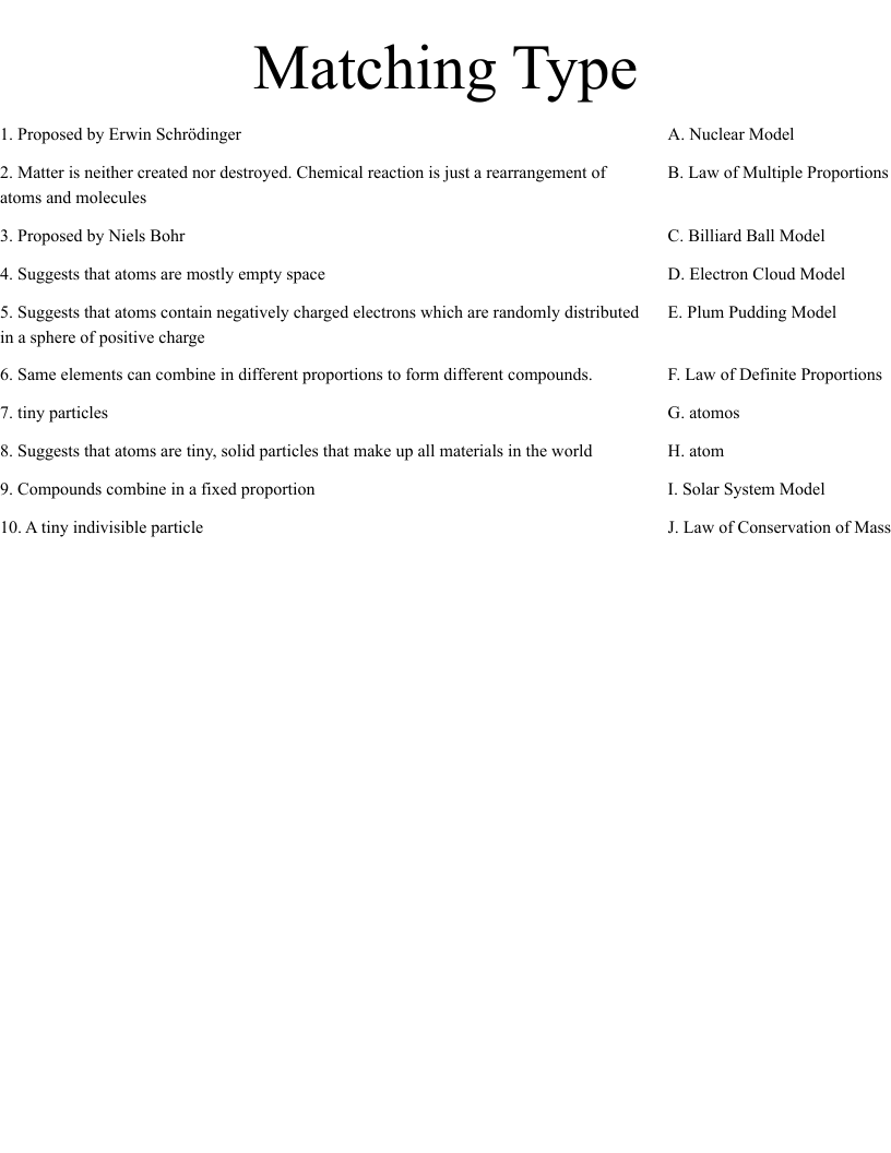 Matching Type Worksheet