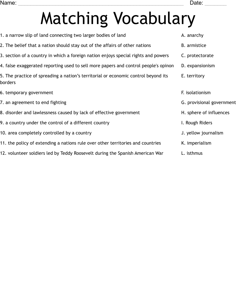 Matching Vocabulary Worksheet