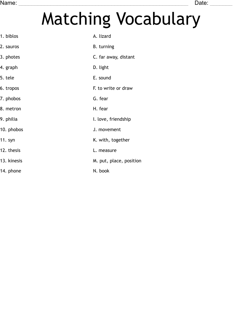 Matching Vocabulary Worksheet