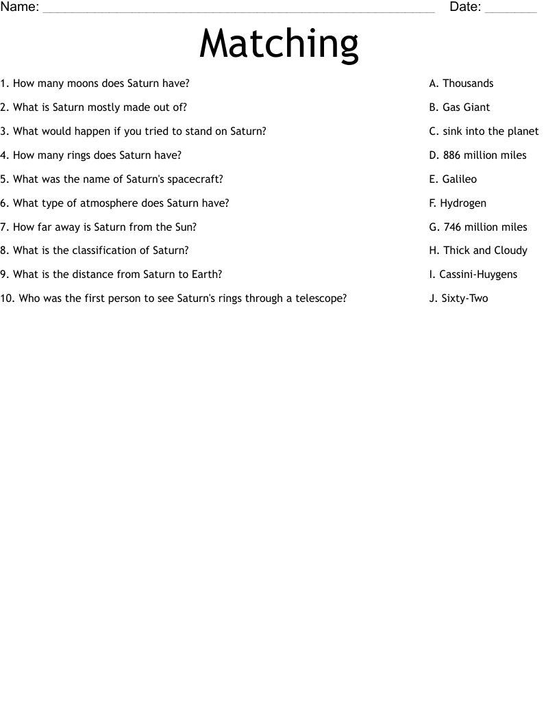 Matching  Worksheet