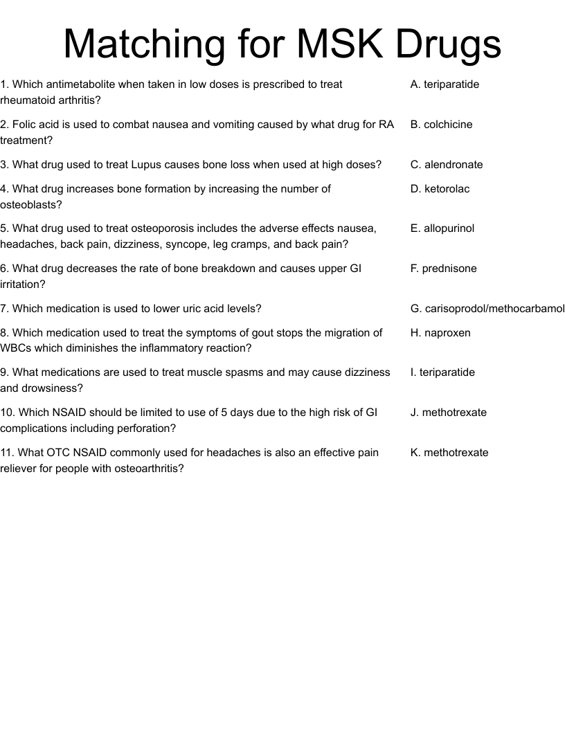 Matching for MSK Drugs Worksheet