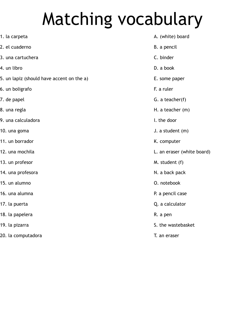 Matching vocabulary Worksheet