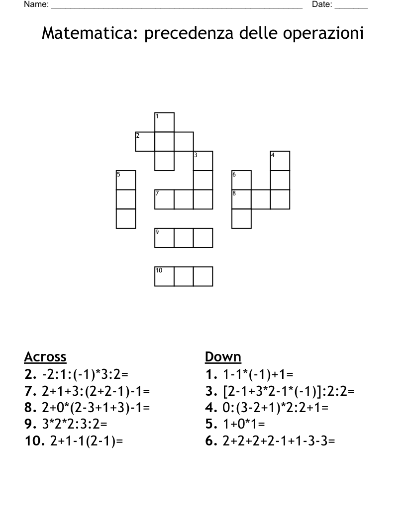 Matematica: precedenza delle operazioni Crossword