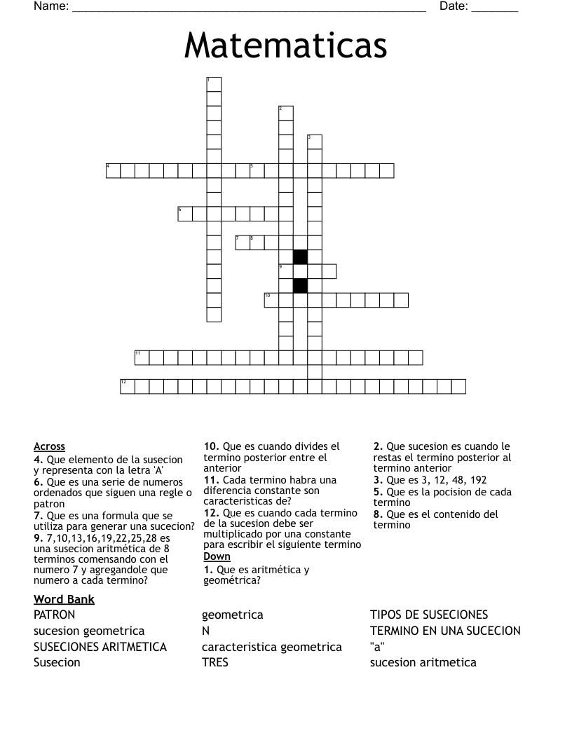Matematicas Crossword