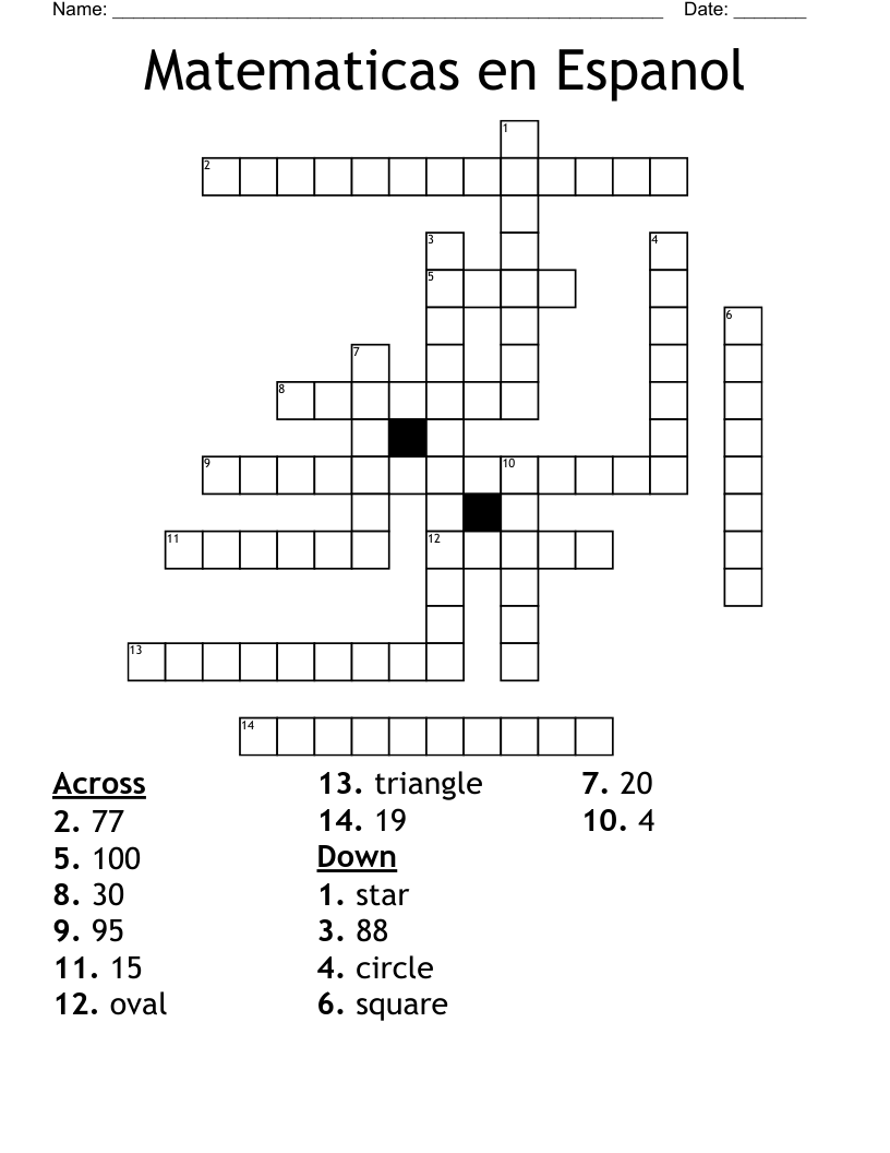 Matematicas en Espanol Crossword