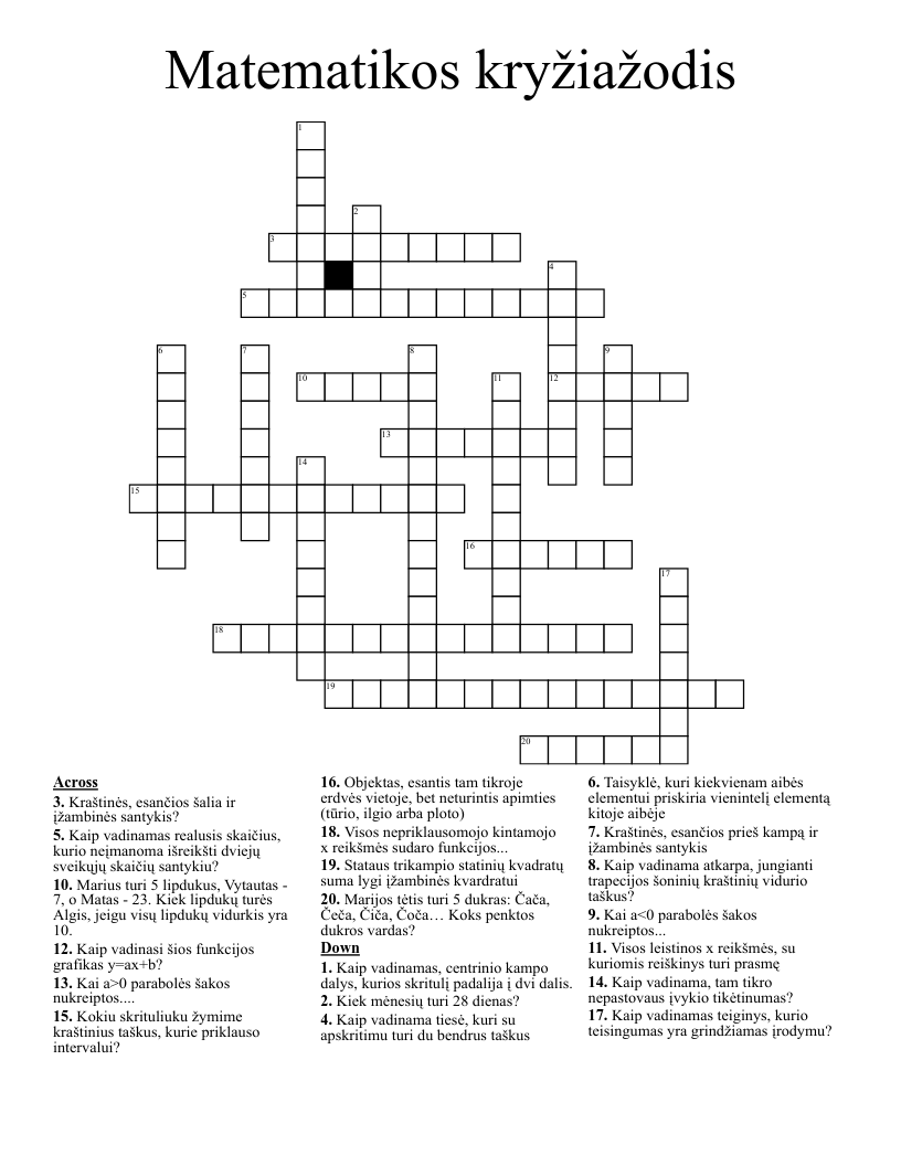 Matematikos kryžiažodis Crossword