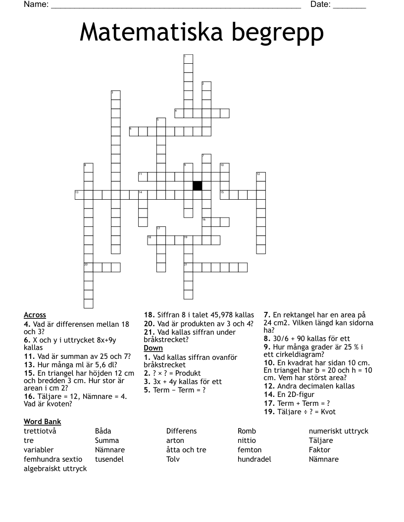 Matematiska begrepp   Crossword