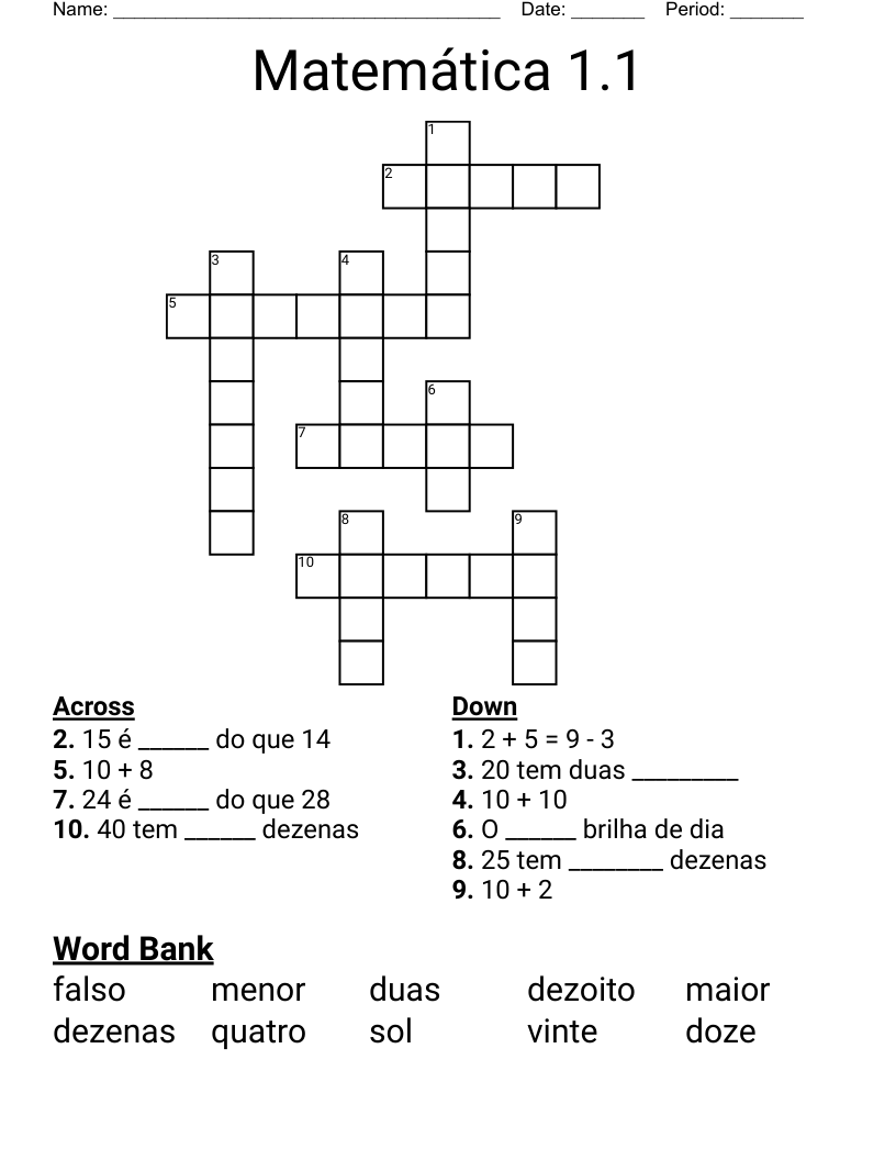 Matemática 1.1 Crossword