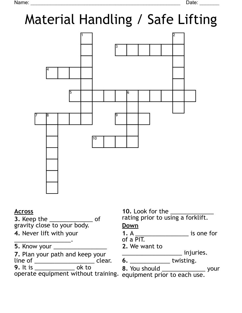 Material Handling / Safe Lifting Crossword