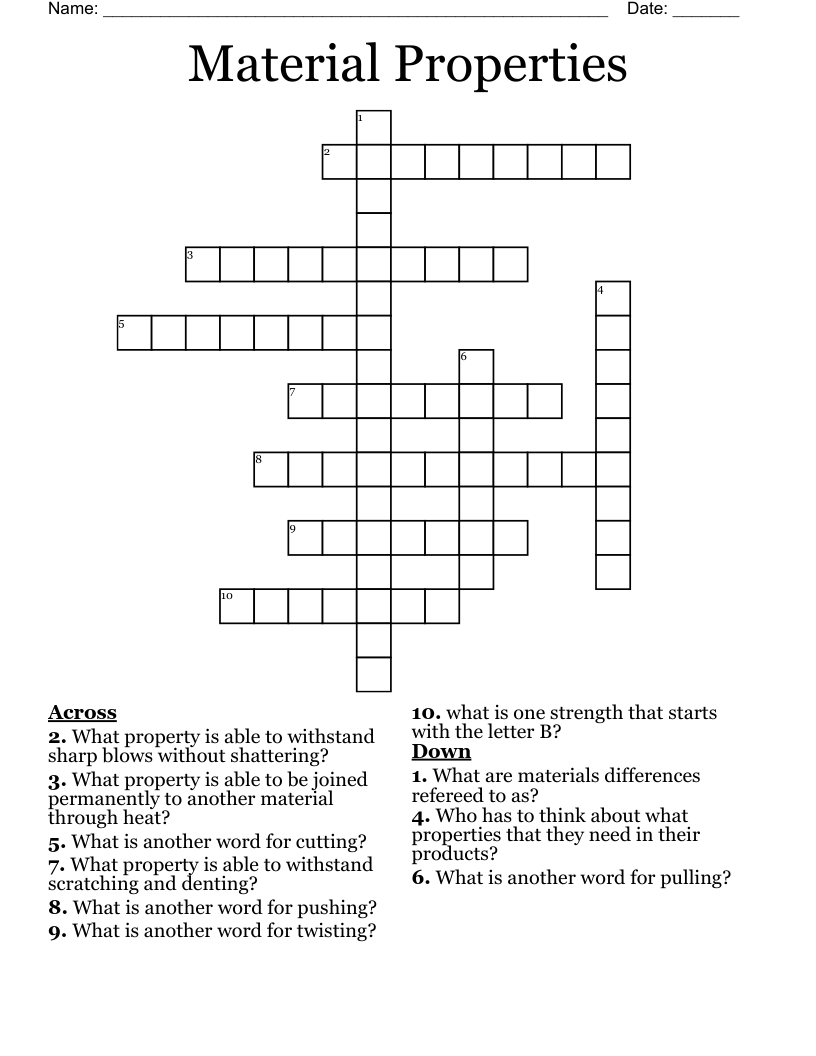 Material Properties Crossword
