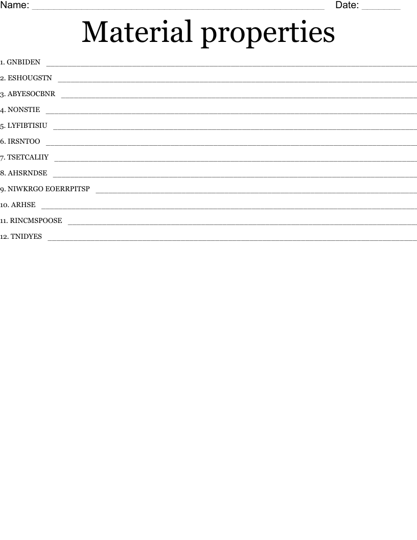 Material properties  Word Scramble